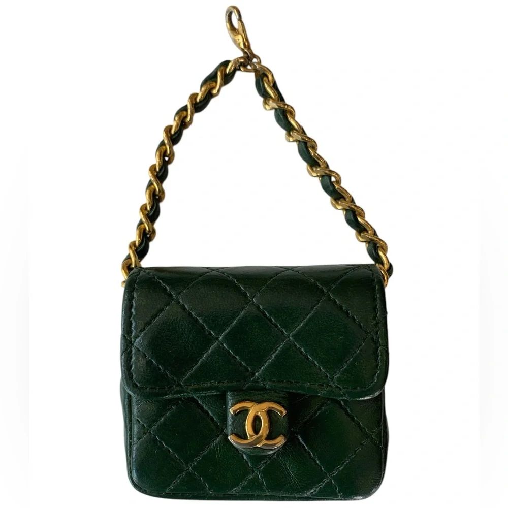 CHANEL Green Quilted Mini Bag with Gold Chain